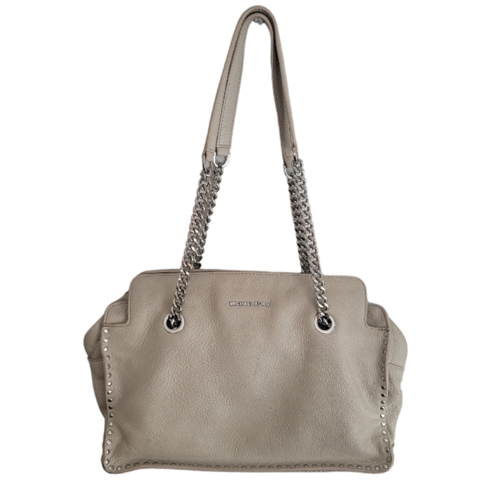 Michael Kors Taupe Leather Silver Chain Studded Shoulder Bag